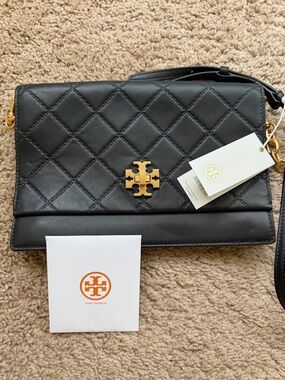 Tory Burch Black Quilted Leather Wristlet with Gold Logo Accent